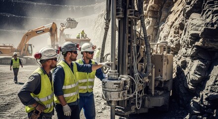 Workers observing a large drilling machine in an open-pit mine