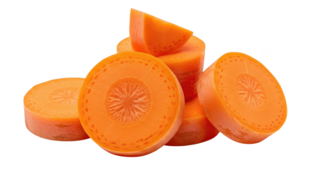 Bright orange carrot slices and chunks piled on a background vegetable food