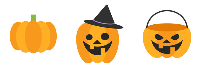Set of Halloween cute pumpkins. Flat style spooky creepy pumpkins. Holiday cartoon character collection for celebration design. Vector spooky illustration