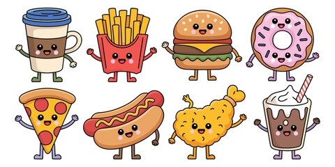 Fast Food Drawn Characters – Meal and Street Food Mascots Bundle in Flat Vector Style, Isolated on White for Branding, Packaging, Design