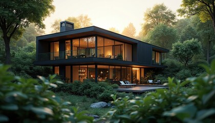 Fototapeta premium Modern house with flat roof, large windows, pool, patio area in green forest. Trees, shrubs surround house, under clear blue sky with setting sun. Warm golden glow on serene, peaceful, calm scene.