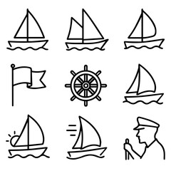 Nautical Icon Set Sailboats Wheel Flag Captain.