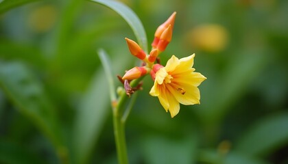 Fototapeta premium vibrant yellow flower orange buds green stem