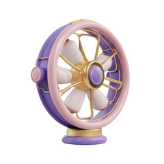Obraz premium A stylized, 3D model of a vintage-inspired fan. Its circular body is a mix of purple and light pink, with gold accents. The fan blades are white and a decorative gold grille surrounds them. 