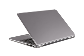 Gray laptop, open, angled