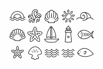 Minimalist Sea and Ocean Nature Vector Icon Set in Black Line Art, Clean Outline Illustration