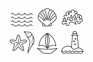Minimalist Sea and Ocean Nature Vector Icon Set in Black Line Art, Clean Outline Illustration