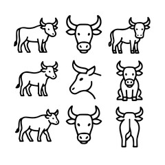 Nine Line Art Bull Illustrations Diverse Poses.