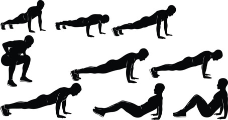 Black silhouette figures demonstrating various exercise poses and movements fitness workout