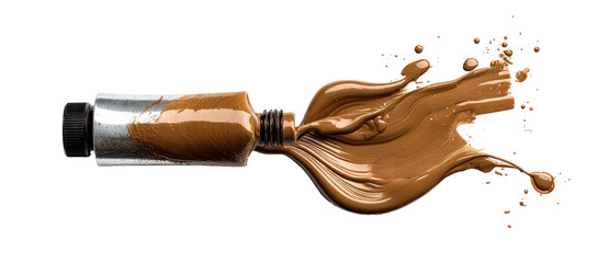 A metallic tube, filled with a rich brown liquid, erupts in a dramatic, flowing splash