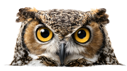 Intense Gaze of a Great Horned Owl Close Up Portrait with Detailed Feathers and Piercing Yellow Eyes on Transparent