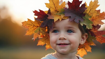 Smiling child wearing a crown of colorful autumn maple leaves at sunset, close up portrait with vibrant fall foliage and natural golden light outdoors