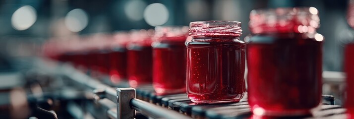 Glass jars filled with red jam on a conveyor belt in a production facility during daylight hours