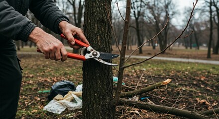Obraz premium Arborist trims trees in park with pruning shears on cloudy day amid fallen branches and urban decay