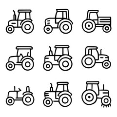 Nine Line Art Tractor Icons Diverse Designs and Styles.