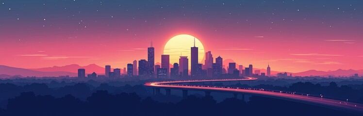 Naklejka premium City skyline silhouette against sunset backdrop. Urban landscape illustration with vibrant colors, architecture, nature. Tranquil evening view, reflections, dusk, cityscape. Serene panorama,