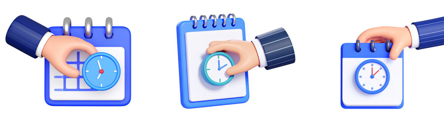 Hand holding clock calendar 3D illustration blue and white business planning time management schedule organization cartoon style isolated on transparency background