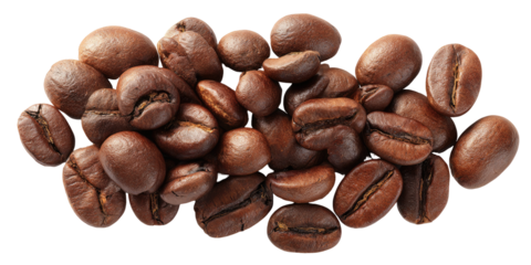 Roasted coffee beans clustered closely together