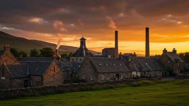 Dynamic distillery scene with golden sunset light and rising smoke stacks in the highlands