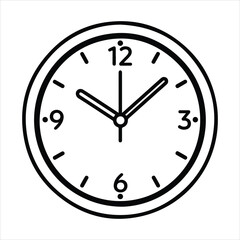 Black outline of a round analog clock face with numbers and hands time