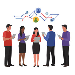 Obraz premium A diverse group of business professionals collaboratively analyze digital data and network in a modern, interconnected technological environment, fostering teamwork and communication.