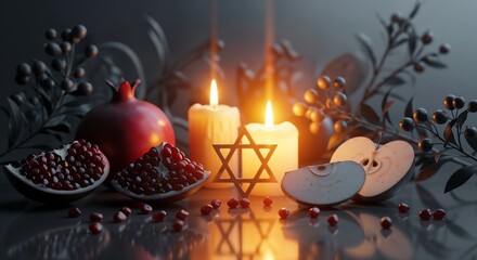Shabbat celebration with pomegranate, candles, and star of David for festive atmosphere. Shabbat gathering features warm candles and fresh pomegranate, creating an inviting ambiance for family time.