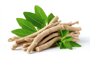 A detailed, ultra-realistic photograph of a pile of ashwagandha roots with green leaves on a white background, highlighting natural herbal ingredients.