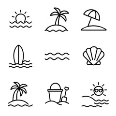 Obraz premium Nine Summer Vacation Icons Sun Palm Trees Beach Umbrella Surfboard Seashells and Beach Toys.