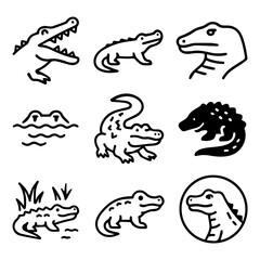 Nine Unique Alligator and Crocodile Line Art Illustrations.