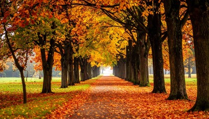 Fototapeta premium A picturesque autumnal pathway lined with vibrant, colorful trees, showcasing the beauty of fall foliage.