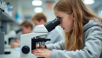 Young student meticulously examines specimens with microscope in bright laboratory. Focused girl engages in hands-on biology learning, exploring scientific concepts. Students also use microscopes for