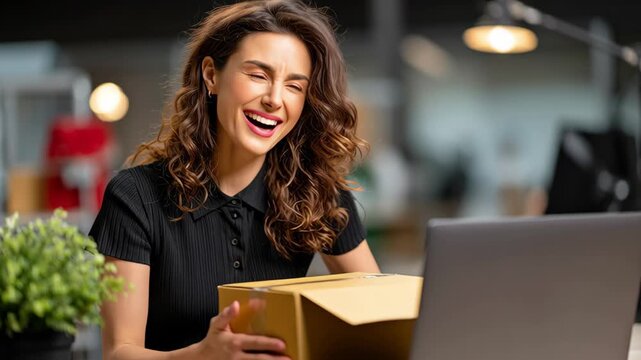 Young woman smile with cardboard box retail adaptation office environment and package front of laptop showing online business