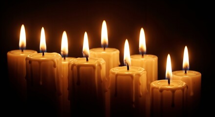 Burning candles group on dark background. Candles lit in darkness create warm light and peaceful atmosphere. Group of burning candles perfect for remembrance day memorial or spiritual concept.