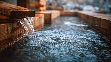 Hot Spring Water Flowing in Japanese Onsen for Relaxation and Wellness