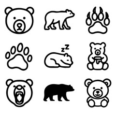 Outlined Bear Icons Diverse Representations of Ursine Forms and Expressions.