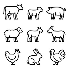 Outlined Farm Animals Cow Calf Pig Sheep Goat Rabbit Chicken Turkey.