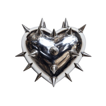 A metallic heart, shaped like a shield, is adorned with numerous sharp spikes