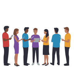 Obraz premium A diverse group of men and women from various backgrounds engaging with digital tablets and smartphones, symbolizing modern communication and collaborative technology.