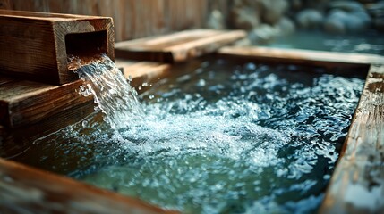 Water Flowing Into Wooden Hot Spring Tub Creating Relaxing Atmosphere