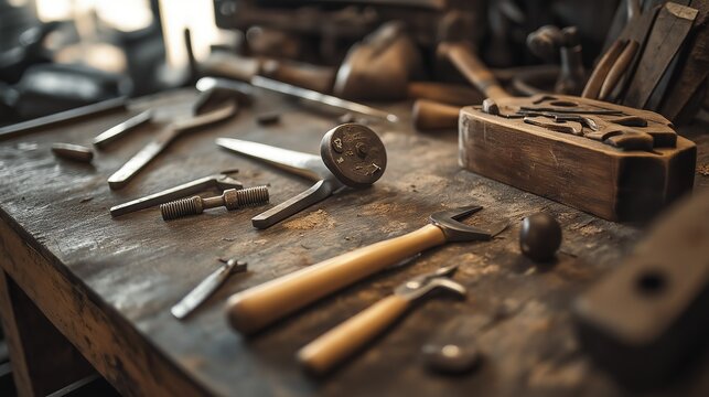 Traditional Tool Arrangement: Wrenches, Screwdrivers, Pliers on Dark Wood Workbench with Usage Marks