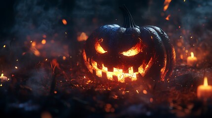 Menacing Jack O Lantern glowing with candlelight at night