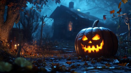 Menacing Jack O Lantern glowing with candlelight at night