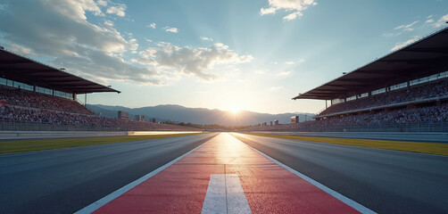 Vibrant racetrack scene with red track surface. Sunlight shines on road leading to horizon. Blue sky with white clouds. Warm glow from sun in top right corner.