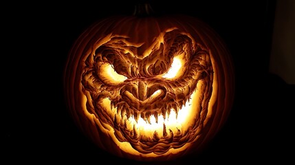 Authentic Jack O Lantern glowing with carved scary face