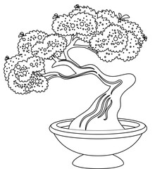 Decorative bonsai tree black-and-white vector illustration