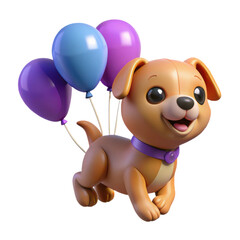 Fototapeta premium Adorable 3d cartoon puppy joyfully flying with colorful balloons attached transparent background