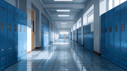Empty School Hallway with Blue Lockers and Reflections on Floor