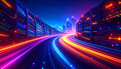 Fototapeta premium Futuristic Highway with Neon Light Trails Representing Speed and Data Flow.