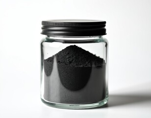 Clear glass jar contains black powder, black lid, on white surface. Black powder inside glass jar, main focus. Glass jar, black powder, white surface, focus, powder, inside, jar, main, object, focus.
