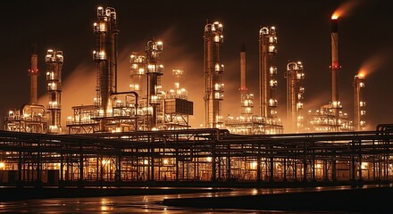 Industrial Oil Refinery Plant at Night with Bright Lights.